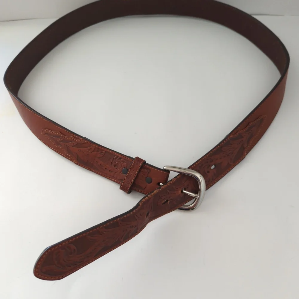 Western Genuine Leather Brown Tooled Belt Marked Size 46